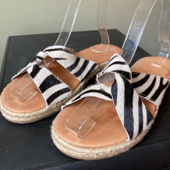 Joie | Rafi Zebra Stripe Patterned Leather Espadrilles Flat Platform Sandal - Picture 3 of 8